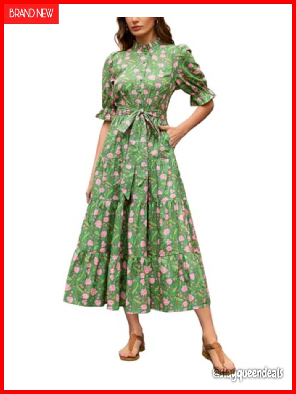 Boho Floral Ruffle Collar Midi Dress 100% Cotton Button Down